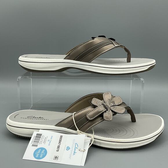 NEW Clarks Women’s Cloudsteppers Brinkley Flora Flip Flop Sandal Pewter Size 11M - Picture 1 of 10